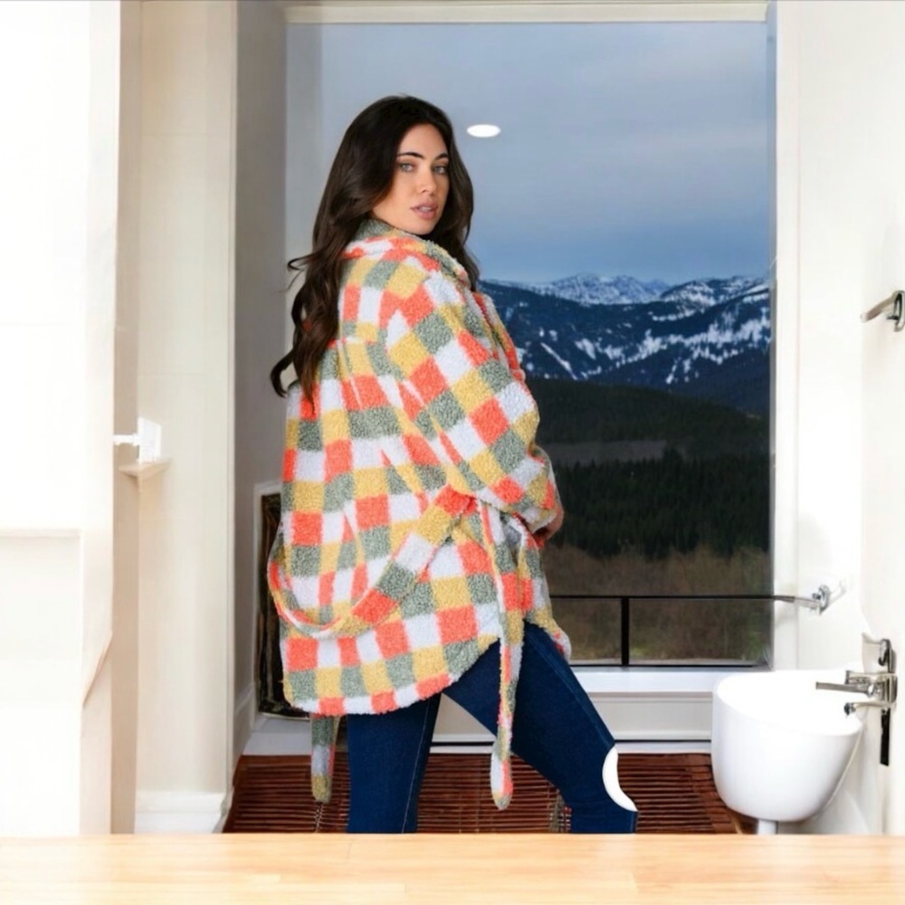 WOMEN'S LONG SLEEVE PLAID
TEDDY BUTTON UP SELF TIE JACKET